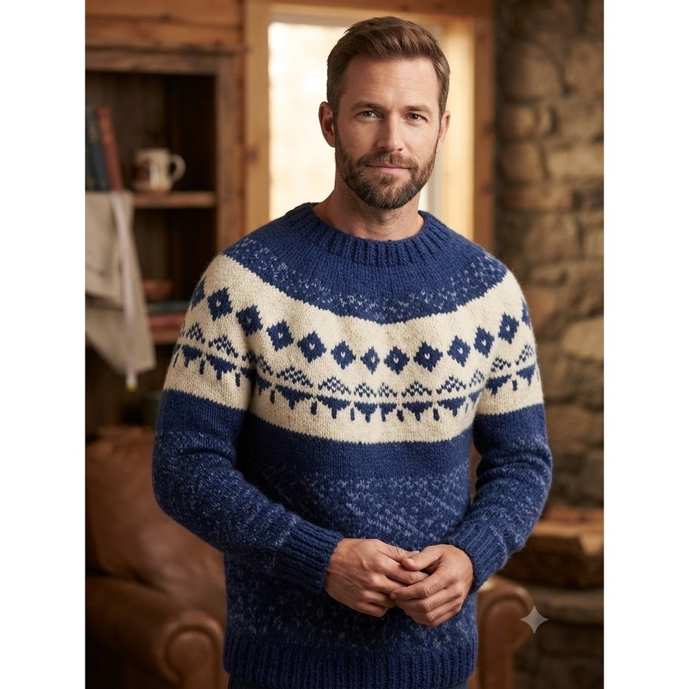 Vintage Hand Knitted Fair Isle Sweater Mens Blue White Nordic Chunky Winter XXL?